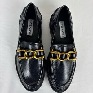 Steve Madden Leather Loafers Slip-On Gold Chain Chunky Academia Shoes Black Sz 6